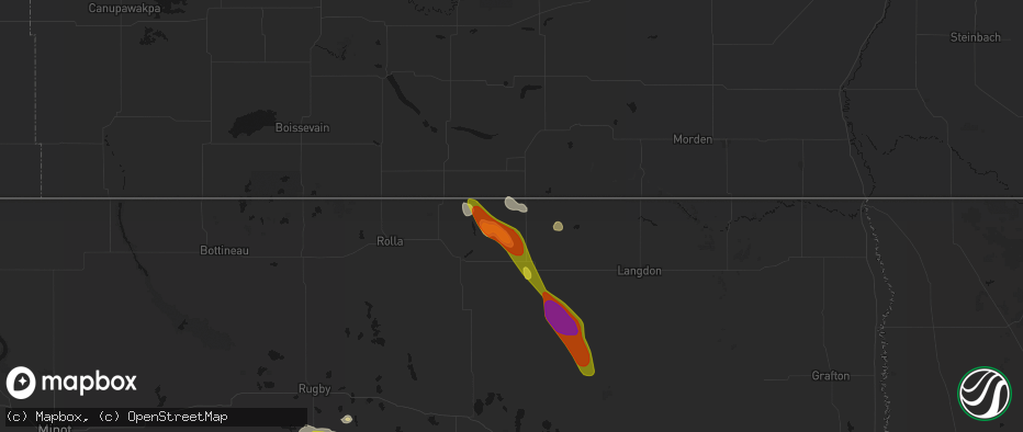 Hail map in Sarles, ND on July 9, 2026