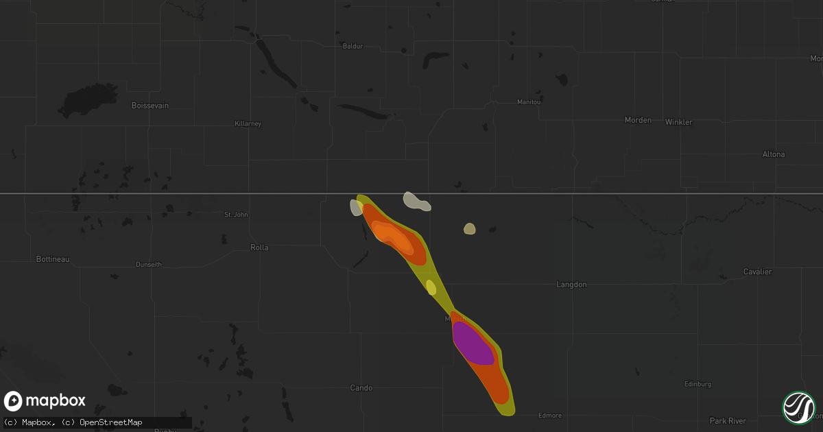 Hail map in Sarles, ND on July 9, 2026