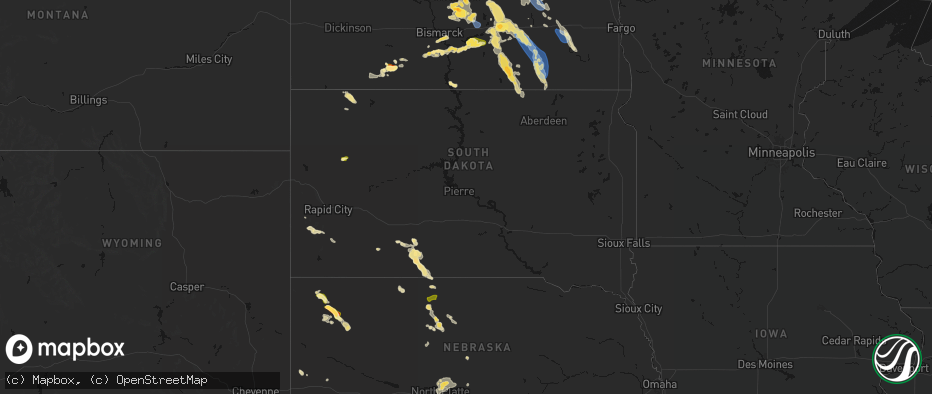 Hail map in South Dakota on July 9, 2026
