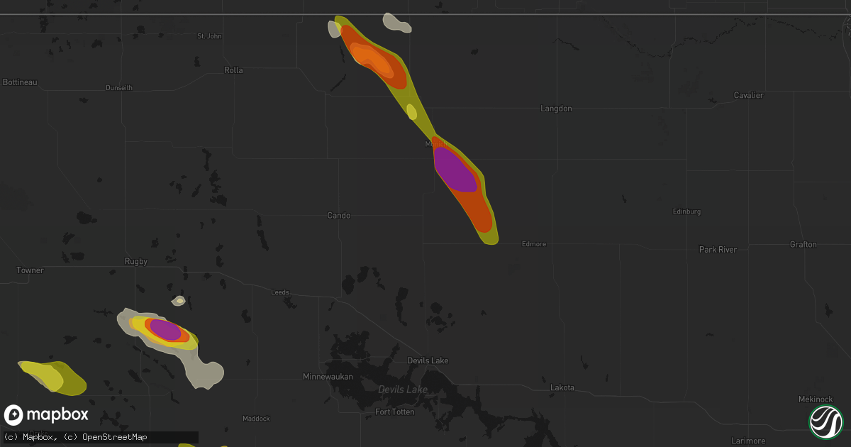 Hail map in Starkweather, ND on July 9, 2026