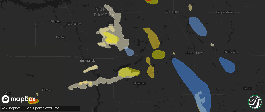 Hail map in Steele, ND on July 9, 2026