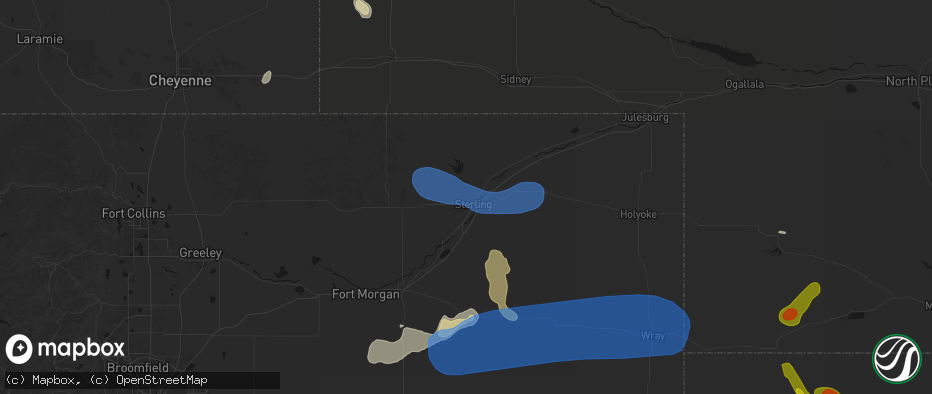 Hail map in Sterling, CO on July 9, 2026