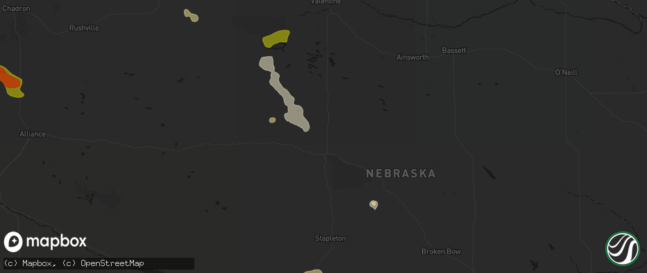 Hail map in Thedford, NE on July 9, 2026