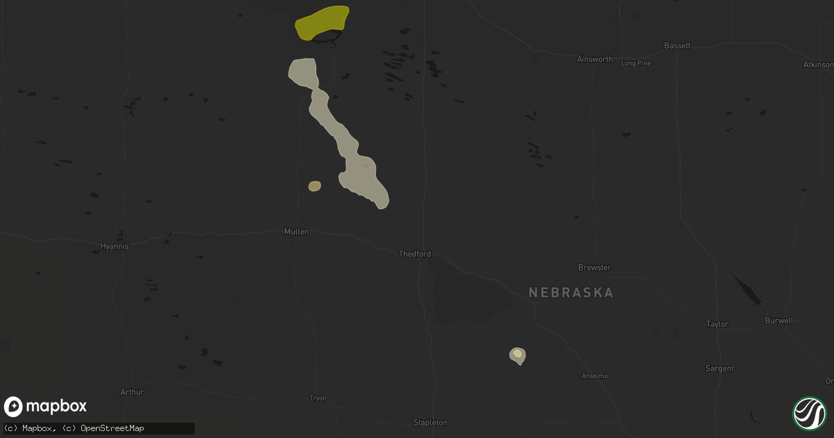 Hail map in Thedford, NE on July 9, 2026