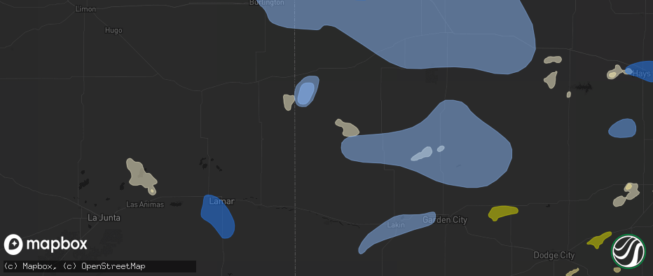 Hail map in Tribune, KS on July 9, 2026