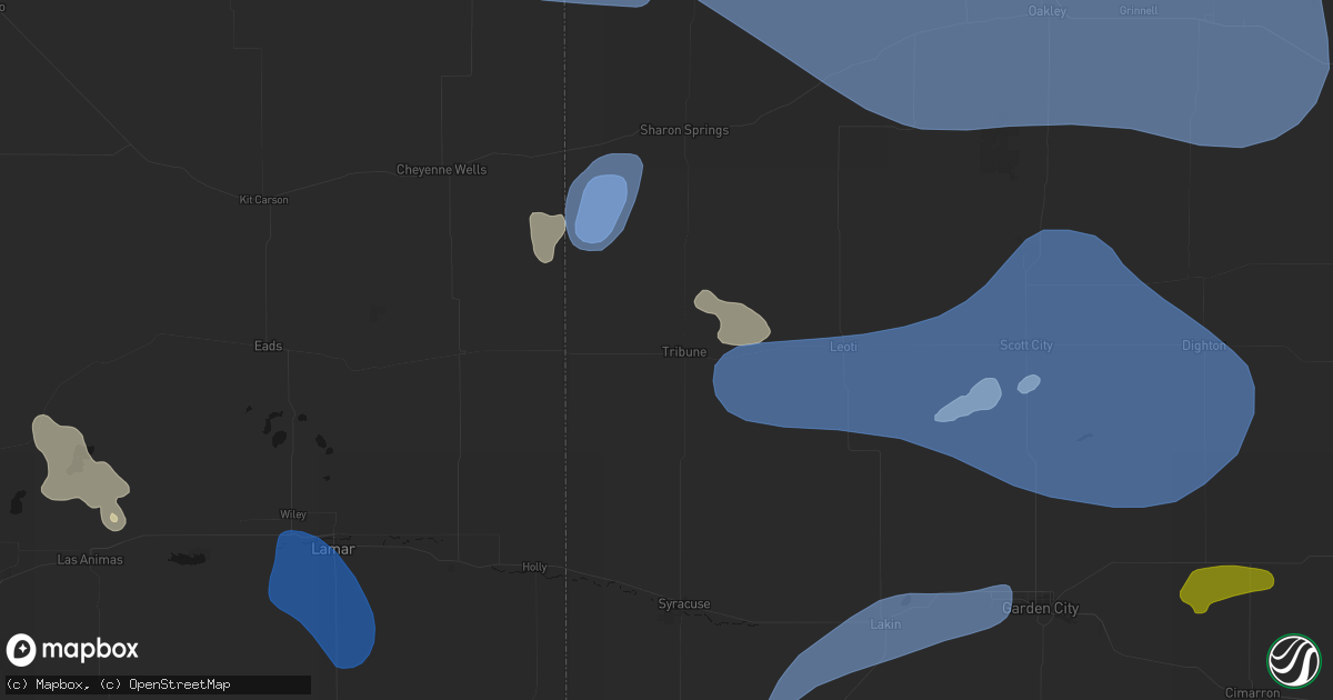 Hail map in Tribune, KS on July 9, 2026