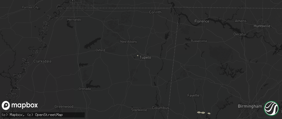 Hail map in Tupelo, MS on July 9, 2026