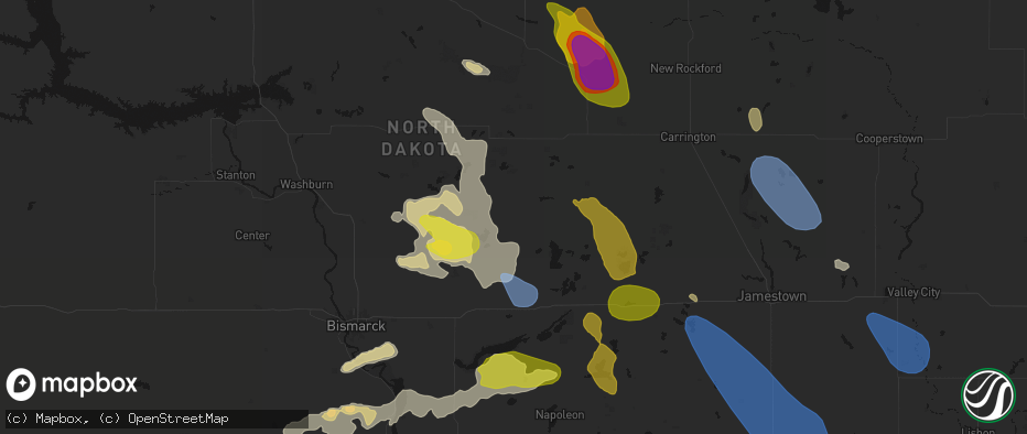 Hail map in Tuttle, ND on July 9, 2026