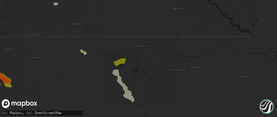 Hail map in Valentine, NE on July 9, 2026