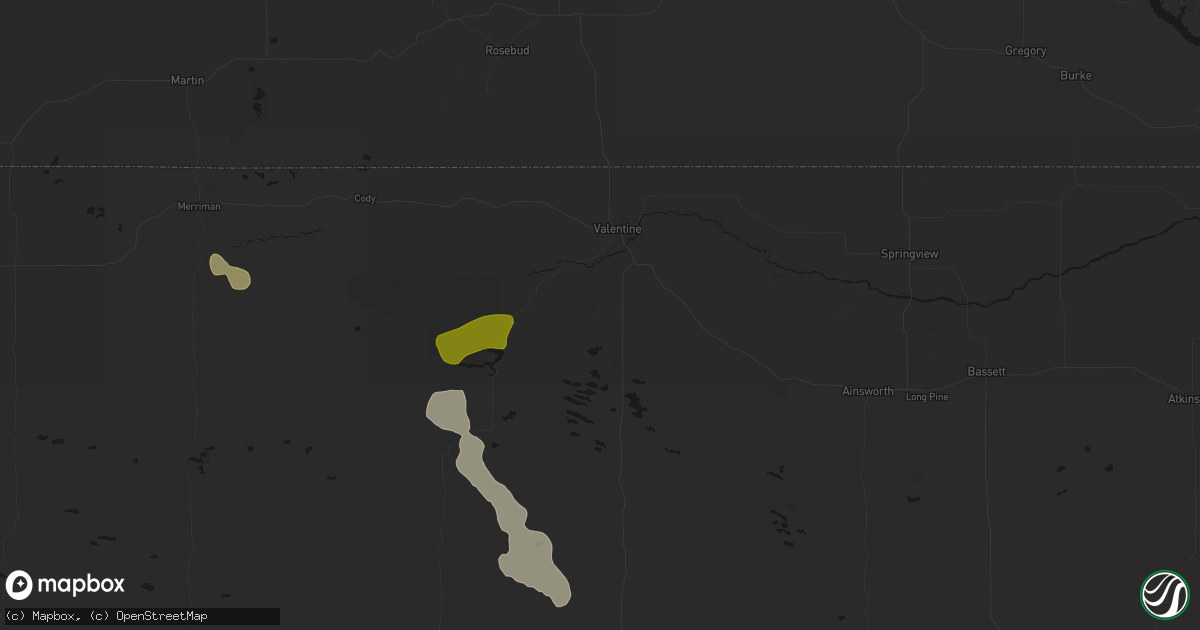 Hail map in Valentine, NE on July 9, 2026
