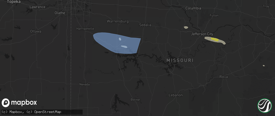Hail map in Warsaw, MO on July 9, 2026