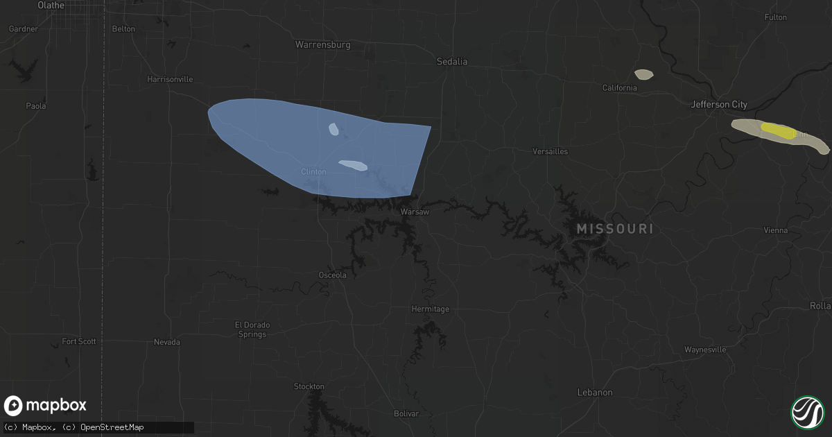 Hail map in Warsaw, MO on July 9, 2026