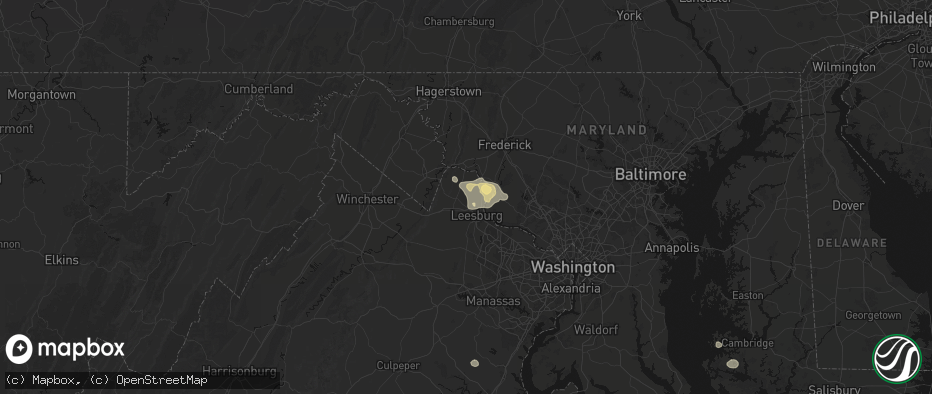Hail map in Waterford, VA on July 9, 2026