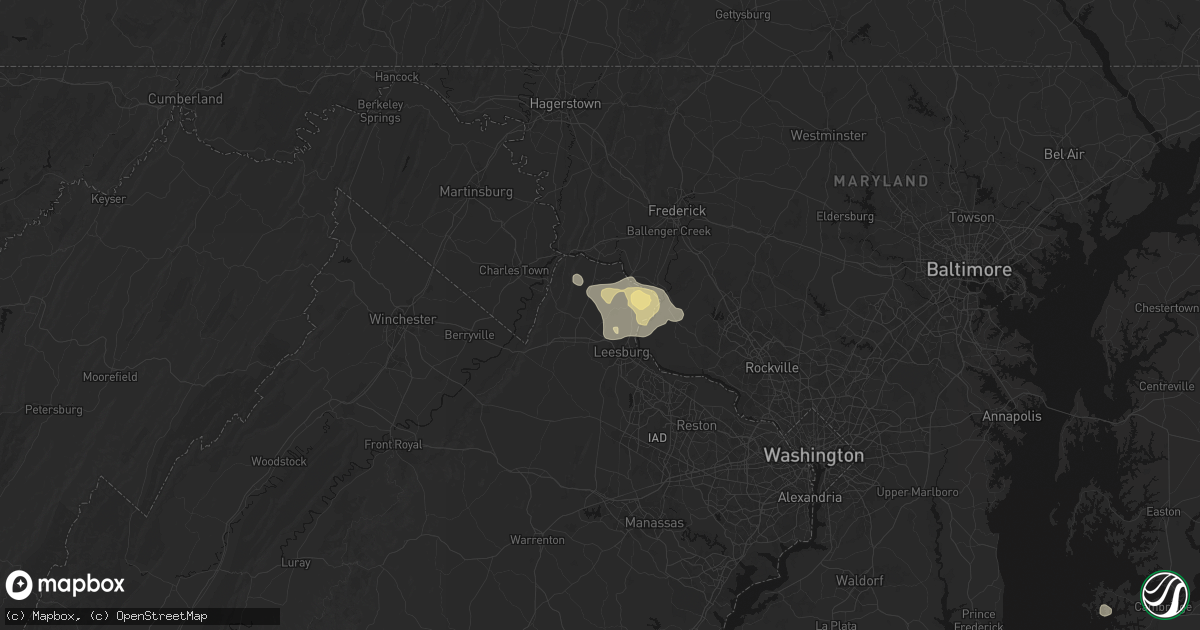 Hail map in Waterford, VA on July 9, 2026