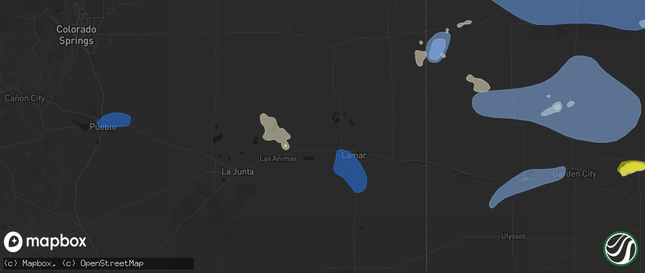 Hail map in Wiley, CO on July 9, 2026