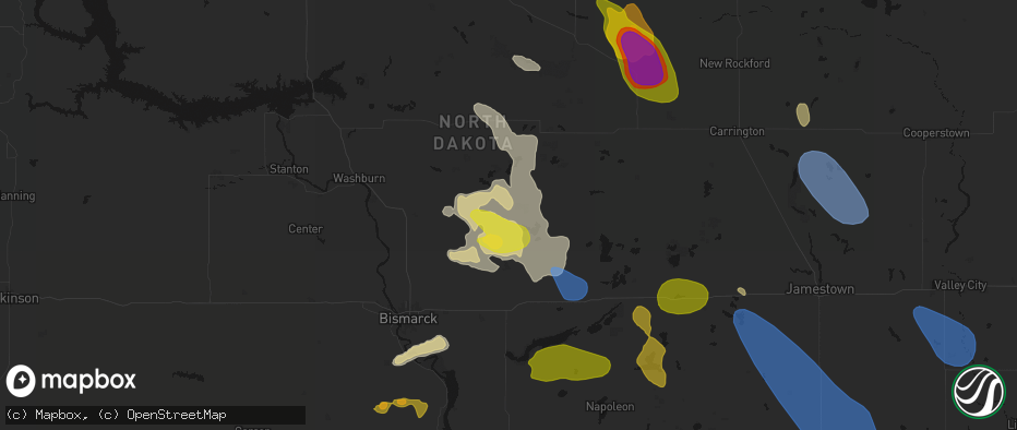 Hail map in Wing, ND on July 9, 2026