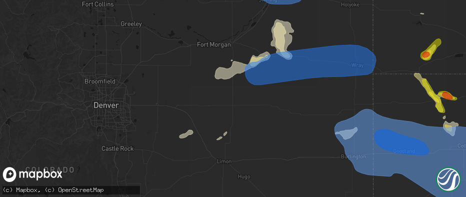 Hail map in Woodrow, CO on July 9, 2026