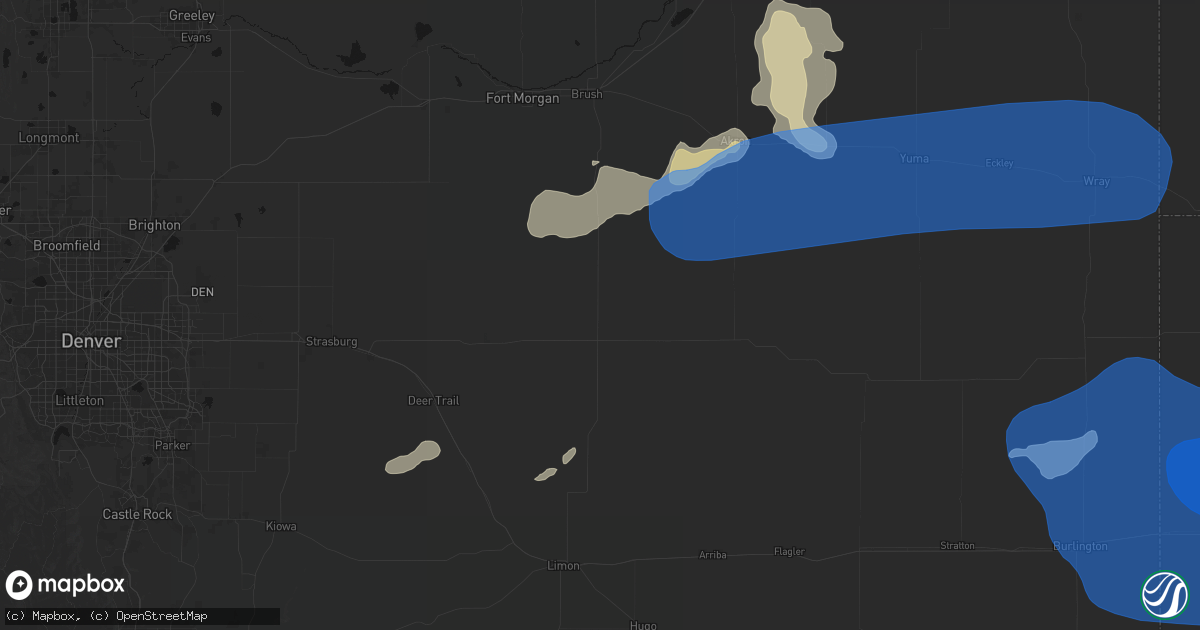 Hail map in Woodrow, CO on July 9, 2026