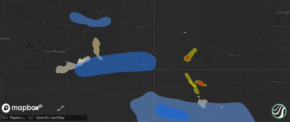 Hail map in Wray, CO on July 9, 2026