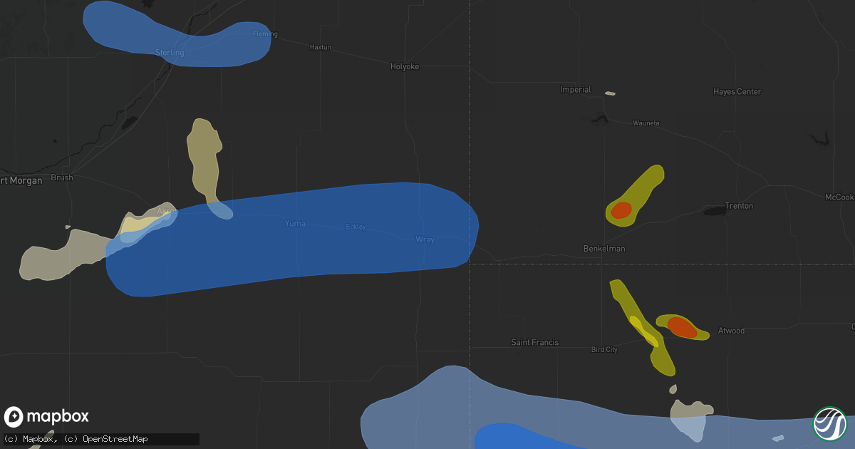 Hail map in Wray, CO on July 9, 2026