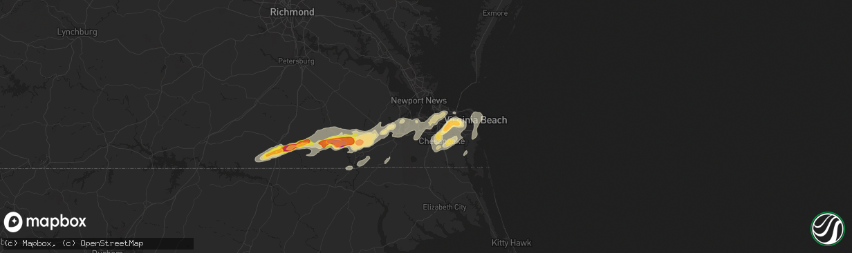 Hail map in Portsmouth, VA on July 10, 2014