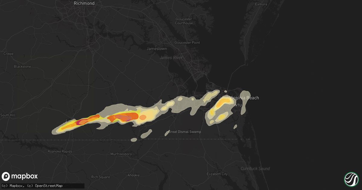 Hail map in Suffolk, VA on July 10, 2014
