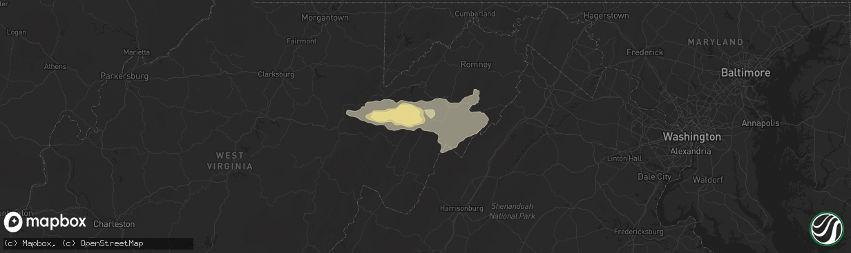 Hail map in Petersburg, WV on July 10, 2015