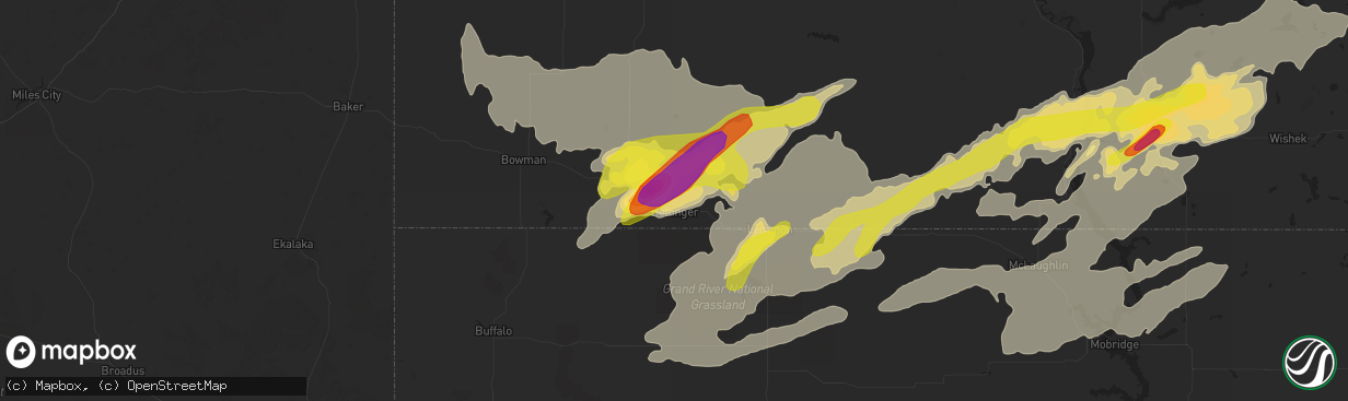 Hail map in Hettinger, ND on July 10, 2016