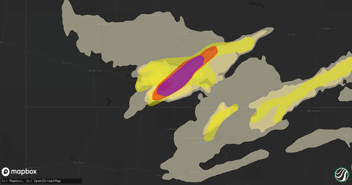 Hail map in Hettinger, ND on July 10, 2016