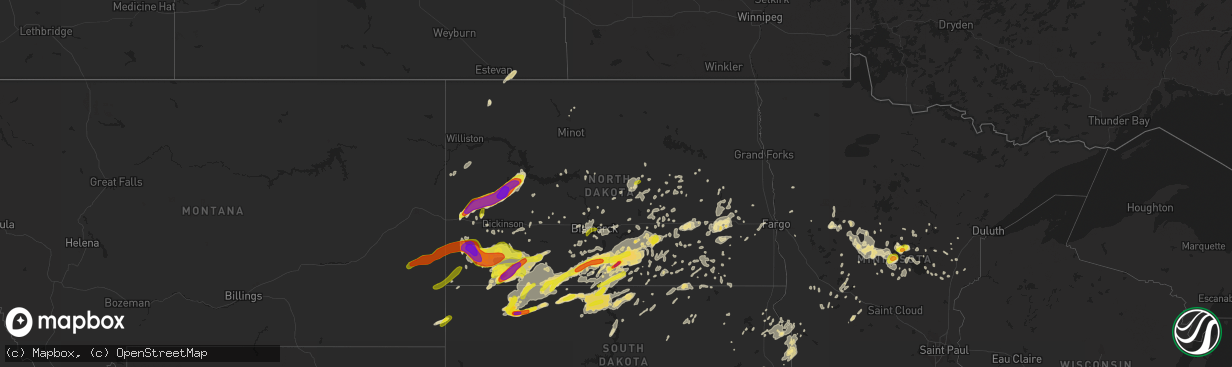 Hail map in North Dakota on July 10, 2016