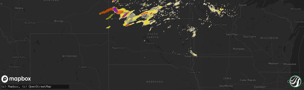 Hail map in South Dakota on July 10, 2016