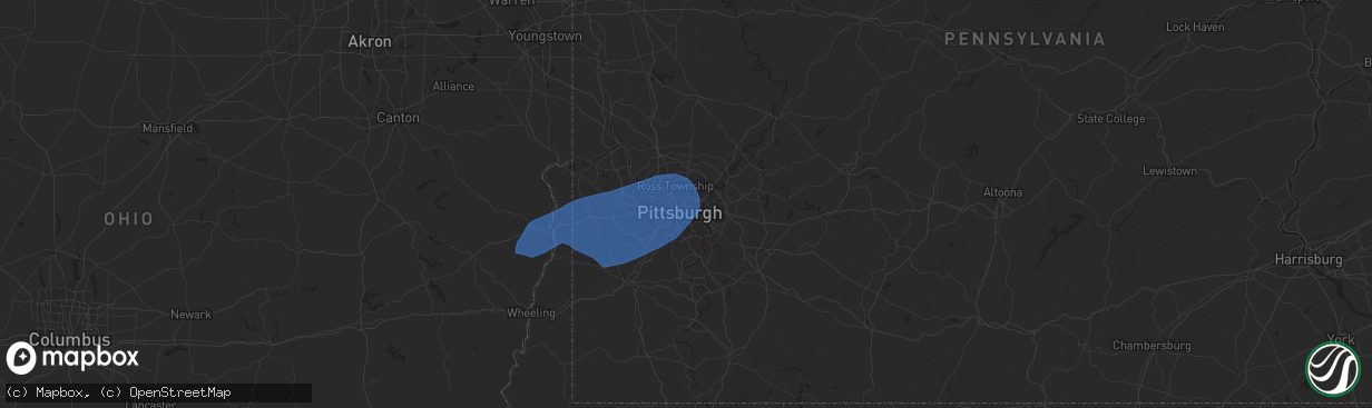 Hail map in Pittsburgh, PA on July 10, 2020