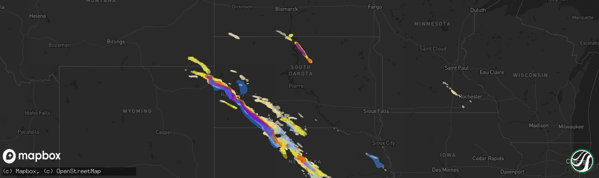 Hail map in South Dakota on July 10, 2020