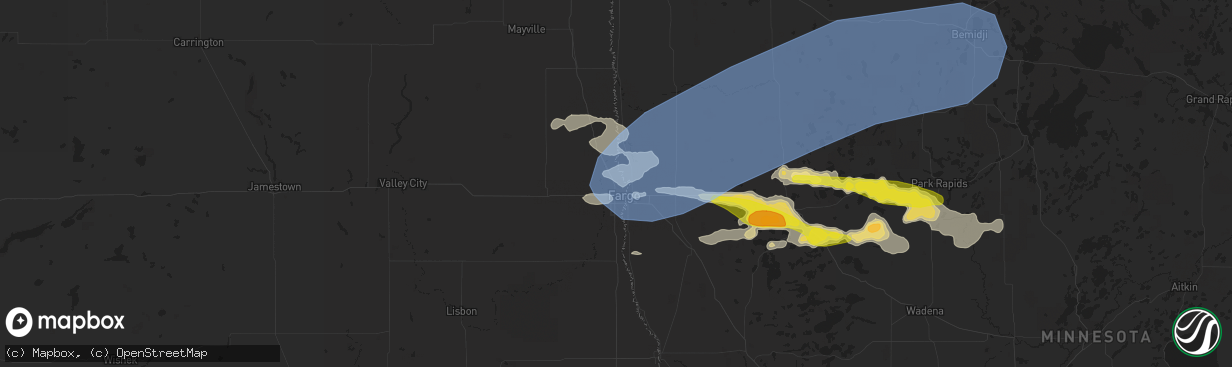 Hail map in Fargo, ND on July 10, 2022