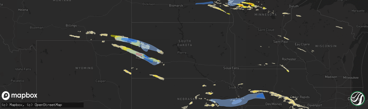 Hail map in South Dakota on July 10, 2022