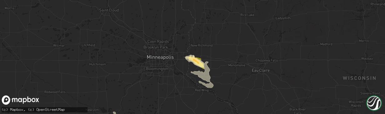 Hail map in Hudson, WI on July 10, 2023