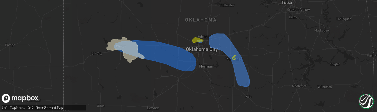 Hail map in Mustang, OK on July 10, 2023