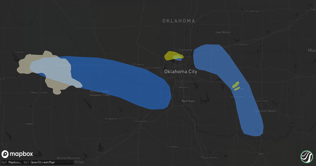 Hail map in Mustang, OK on July 10, 2023