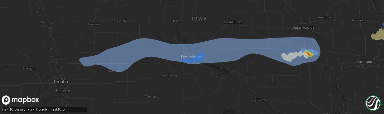 Hail map in Des Moines, IA on July 10, 2025