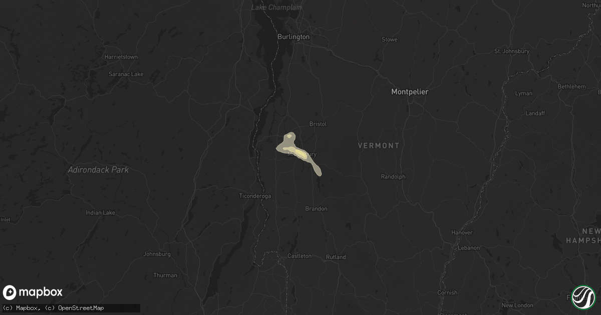 Hail map in Middlebury, VT on July 10, 2025