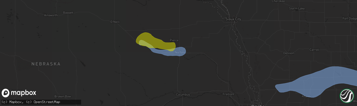 Hail map in Norfolk, NE on July 10, 2025