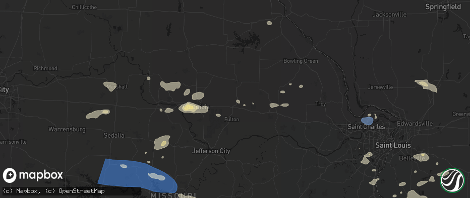 Hail map in Auxvasse, MO on July 10, 2026