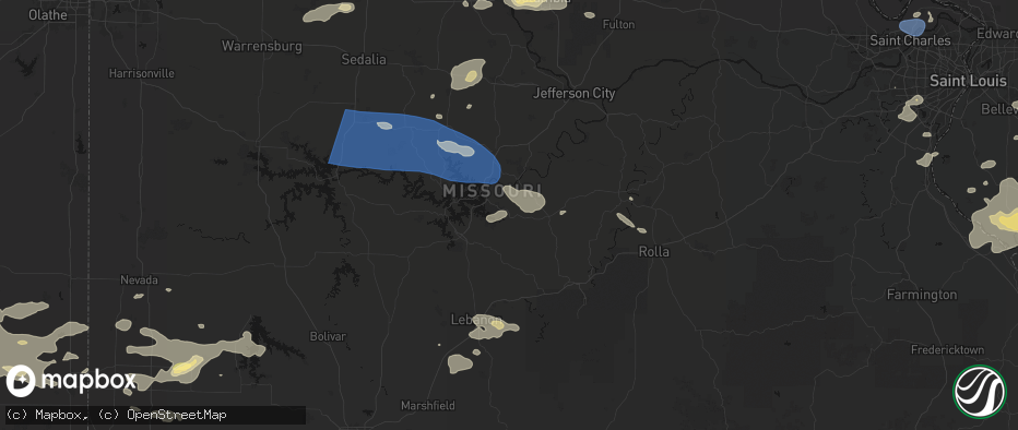 Hail map in Brumley, MO on July 10, 2026