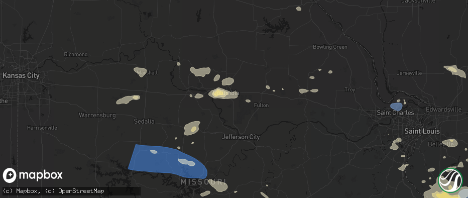 Hail map in Columbia, MO on July 10, 2026