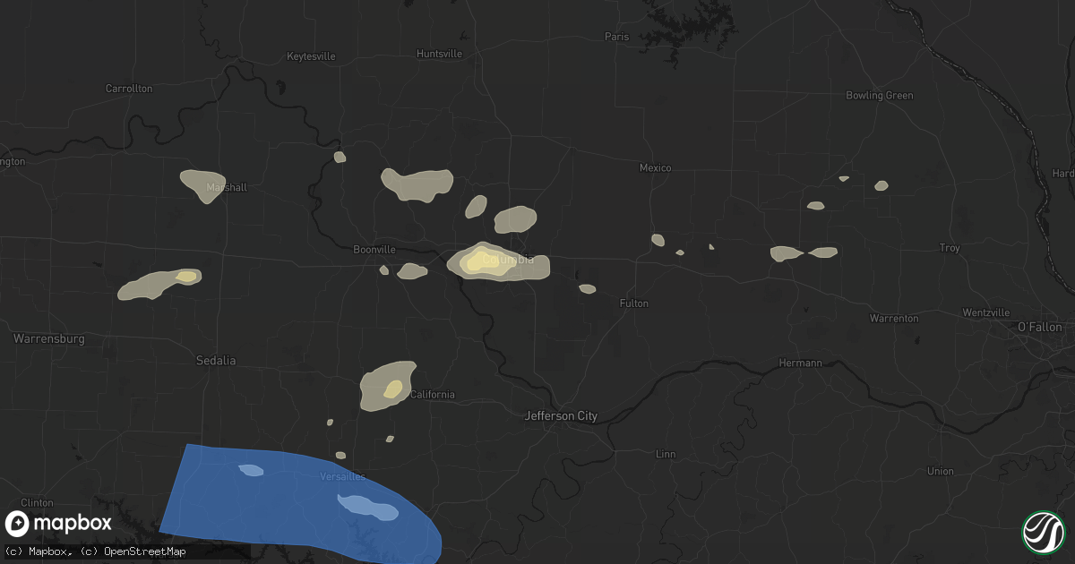 Hail map in Columbia, MO on July 10, 2026