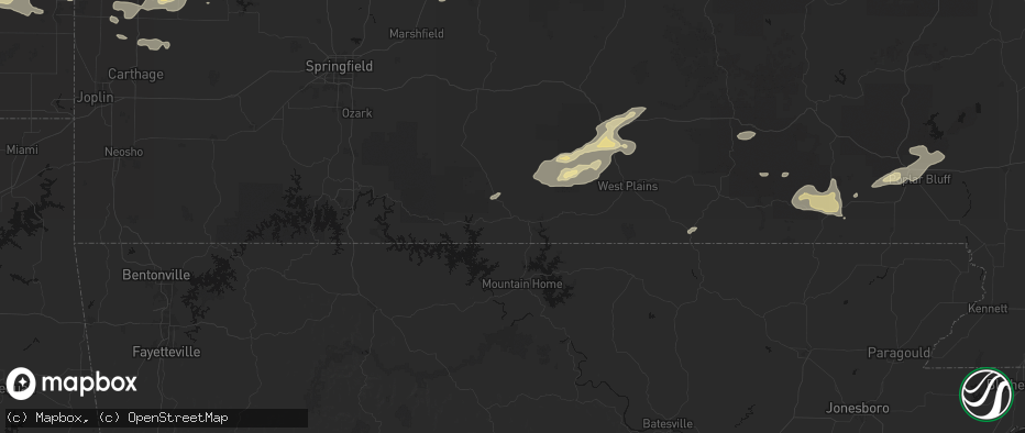Hail map in Gainesville, MO on July 10, 2026