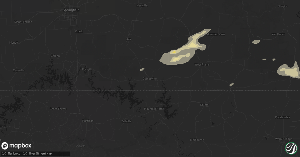 Hail map in Gainesville, MO on July 10, 2026