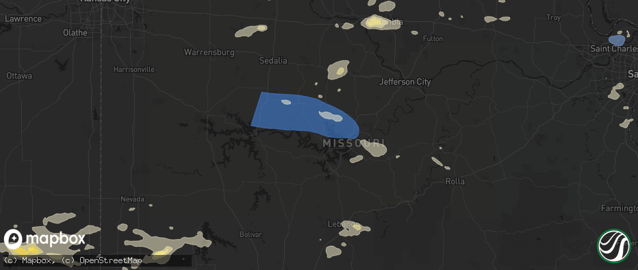 Hail map in Gravois Mills, MO on July 10, 2026