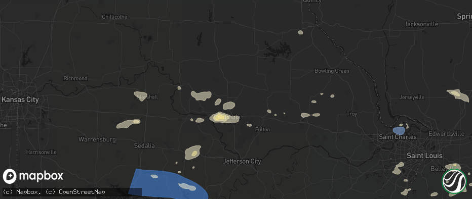 Hail map in Hallsville, MO on July 10, 2026