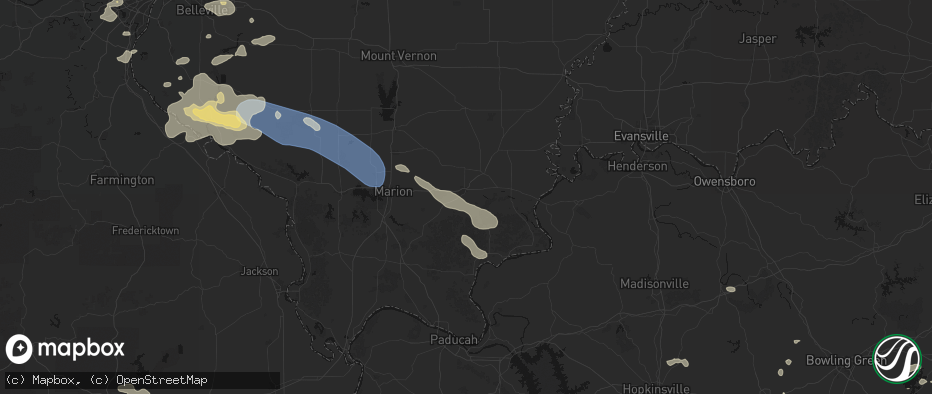 Hail map in Harrisburg, IL on July 10, 2026